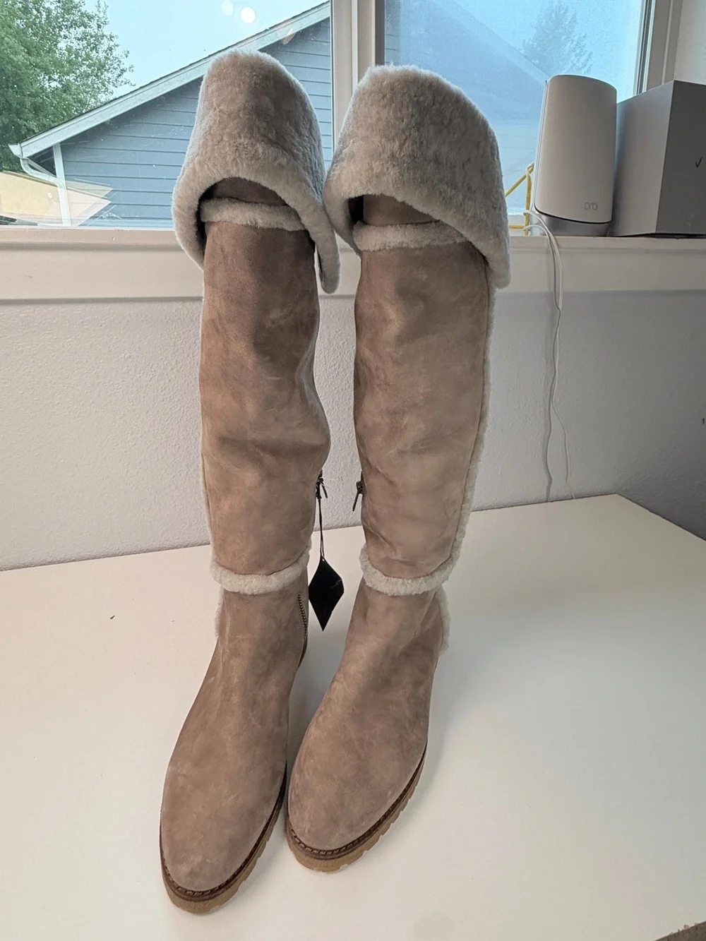 FRYE Tamara Over The Knee Shearling Boots Taupe Suede Fur Lined NWT women size 9